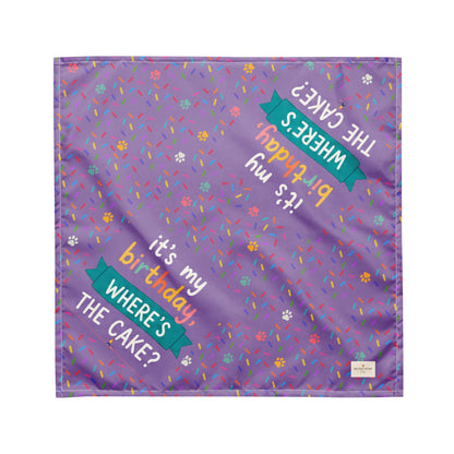 Born to Pawty birthday dog bandana featuring colorful confetti, paw prints, and the phrase "It's My Birthday, Where's the Cake?" on a purple background by HoneyPaw Pets