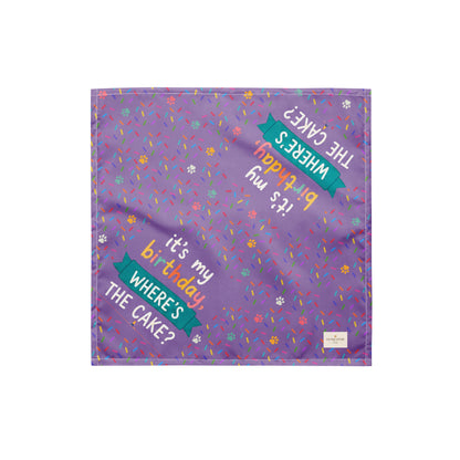 Born to Pawty birthday dog bandana featuring colorful confetti, paw prints, and the phrase "It's My Birthday, Where's the Cake?" on a purple background by HoneyPaw Pets