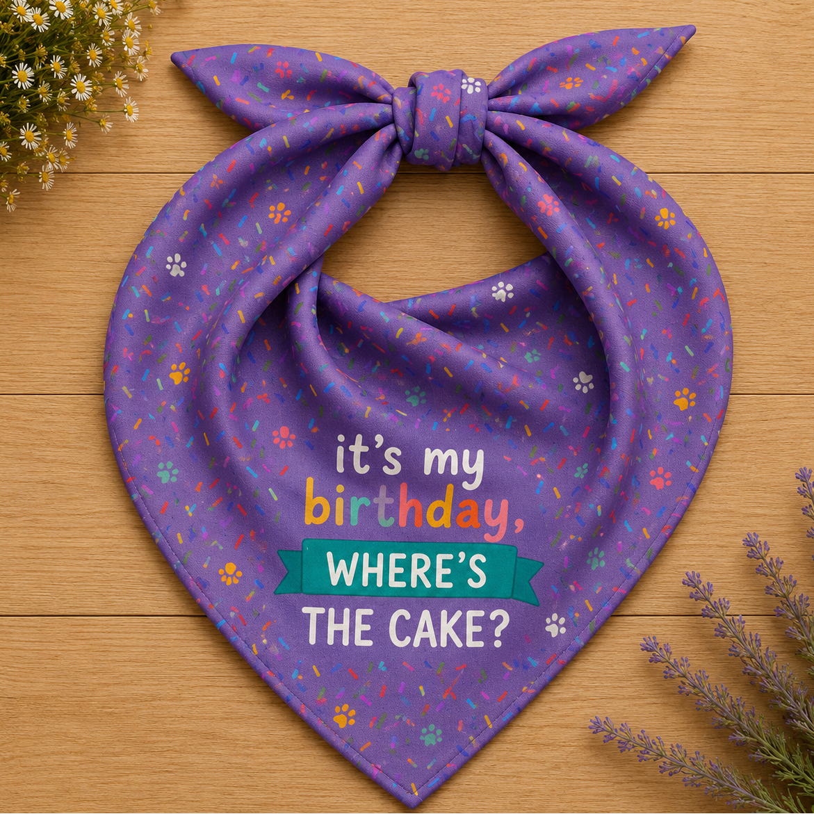 Born to Pawty birthday dog bandana featuring colorful confetti, paw prints, and the phrase "It's My Birthday, Where's the Cake?" on a purple background by HoneyPaw Pets
