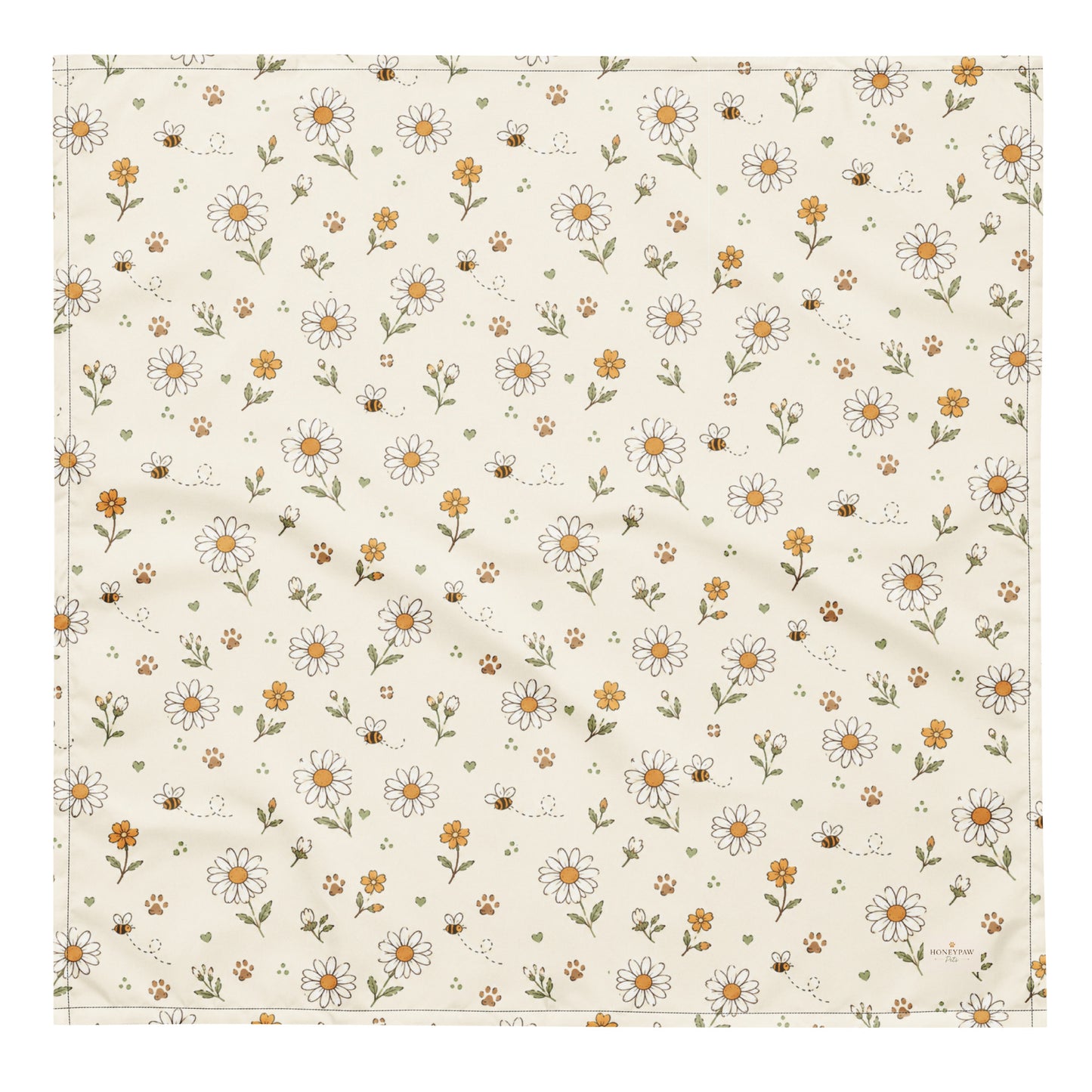 Bumble Bloom dog bandana featuring a cream background with daisy flowers, wildflower accents, and honey bees by HoneyPaw Pets.