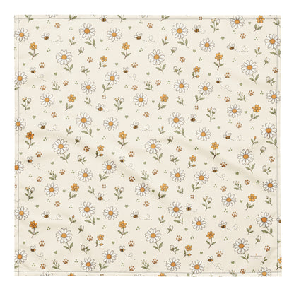 Bumble Bloom dog bandana featuring a cream background with daisy flowers, wildflower accents, and honey bees by HoneyPaw Pets.
