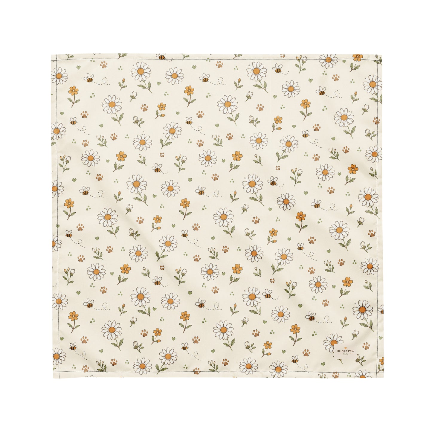 Bumble Bloom dog bandana featuring a cream background with daisy flowers, wildflower accents, and honey bees by HoneyPaw Pets.