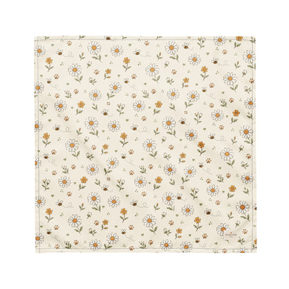 Bumble Bloom dog bandana featuring a cream background with daisy flowers, wildflower accents, and honey bees by HoneyPaw Pets.
