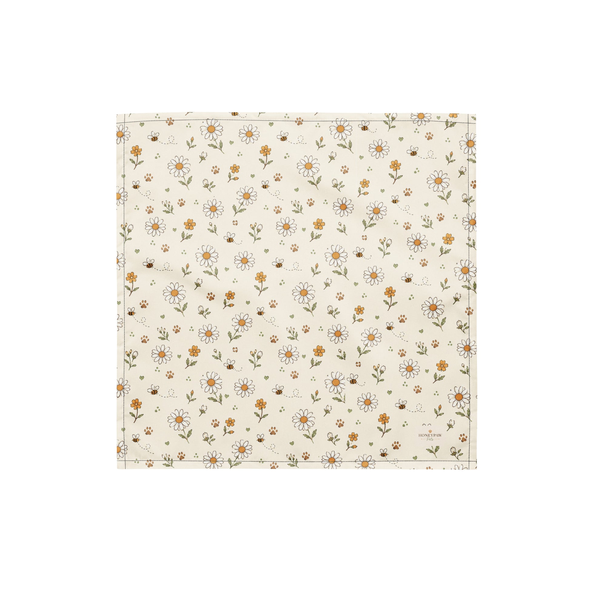 Bumble Bloom dog bandana featuring a cream background with daisy flowers, wildflower accents, and honey bees by HoneyPaw Pets.