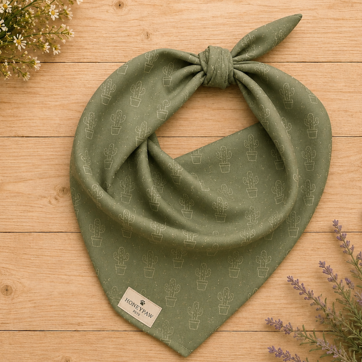 Cactus Cruise dog bandana featuring a sage green background with an all-over cactus pattern by HoneyPaw Pets.