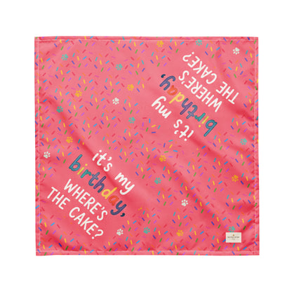 Cake Day Crew birthday dog bandana featuring colorful confetti, paw prints, and the phrase "It's My Birthday, Where's the Cake?" on a bright pink background by HoneyPaw Pets
