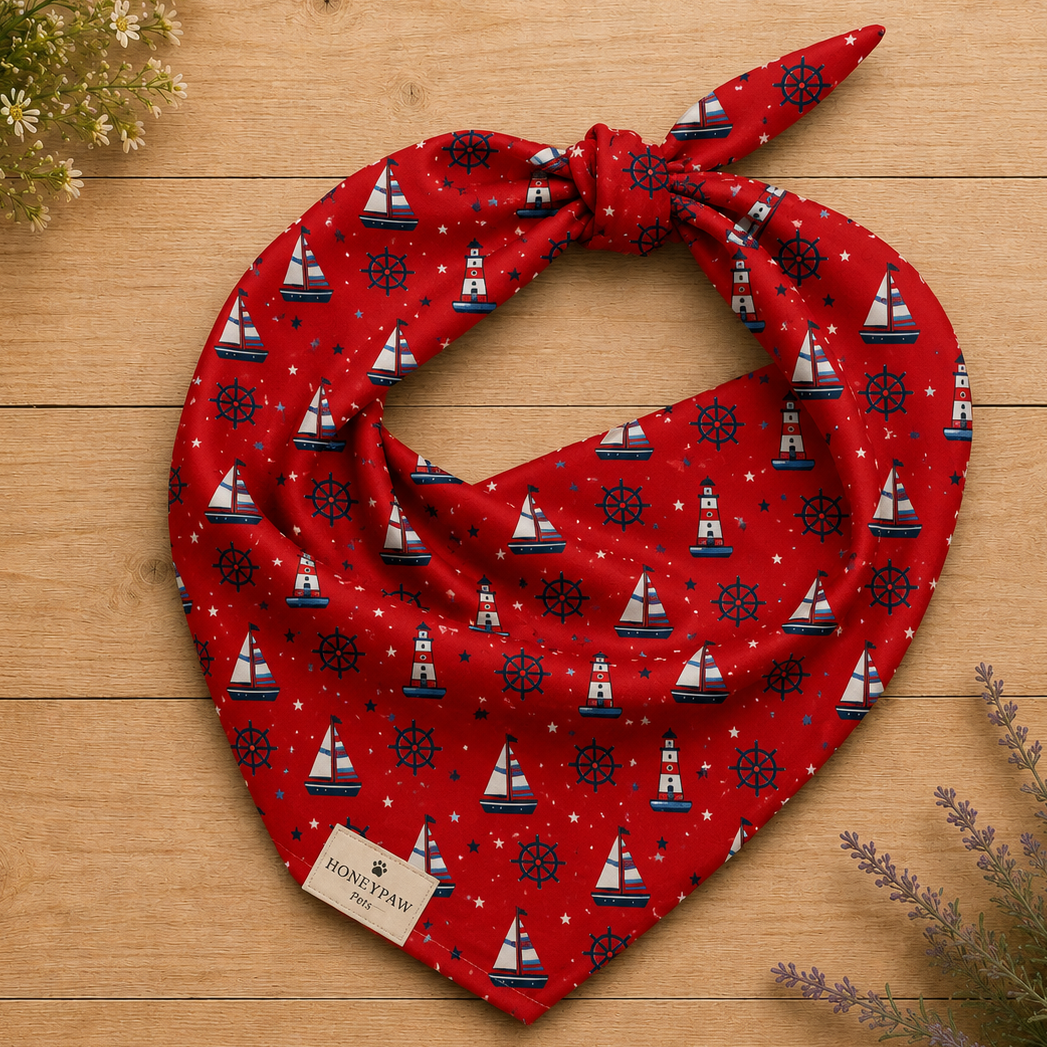Captain's Companion dog bandana featuring a nautical sailboat and lighthouse pattern on a red background by HoneyPaw Pets.