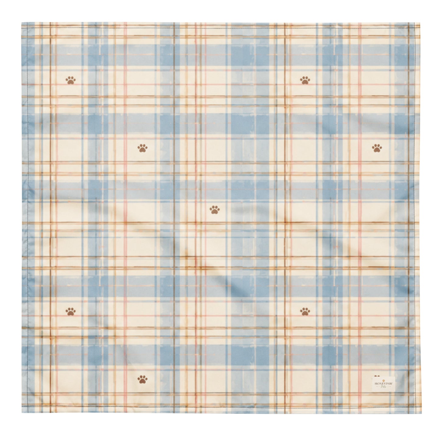 Coastal Picnic dog bandana featuring a light blue and cream plaid pattern with paw prints by HoneyPaw Pets.