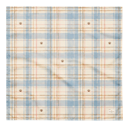 Coastal Picnic dog bandana featuring a light blue and cream plaid pattern with paw prints by HoneyPaw Pets.