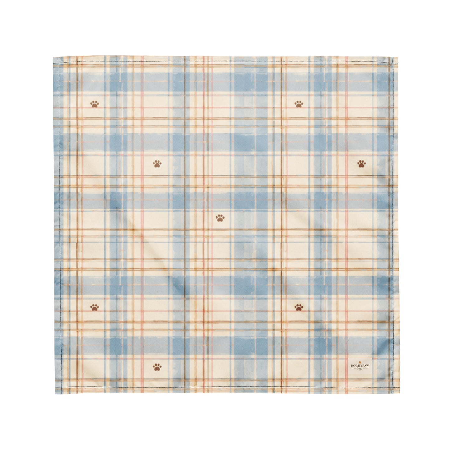 Coastal Picnic dog bandana featuring a light blue and cream plaid pattern with paw prints by HoneyPaw Pets.