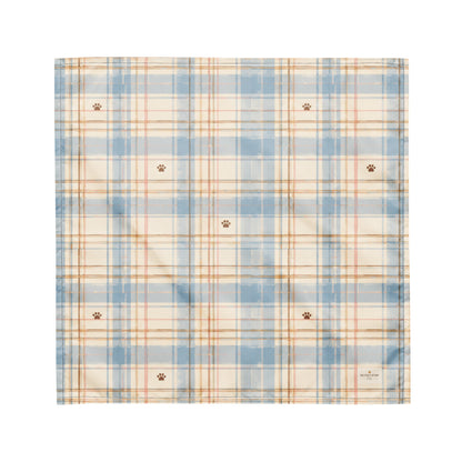 Coastal Picnic dog bandana featuring a light blue and cream plaid pattern with paw prints by HoneyPaw Pets.