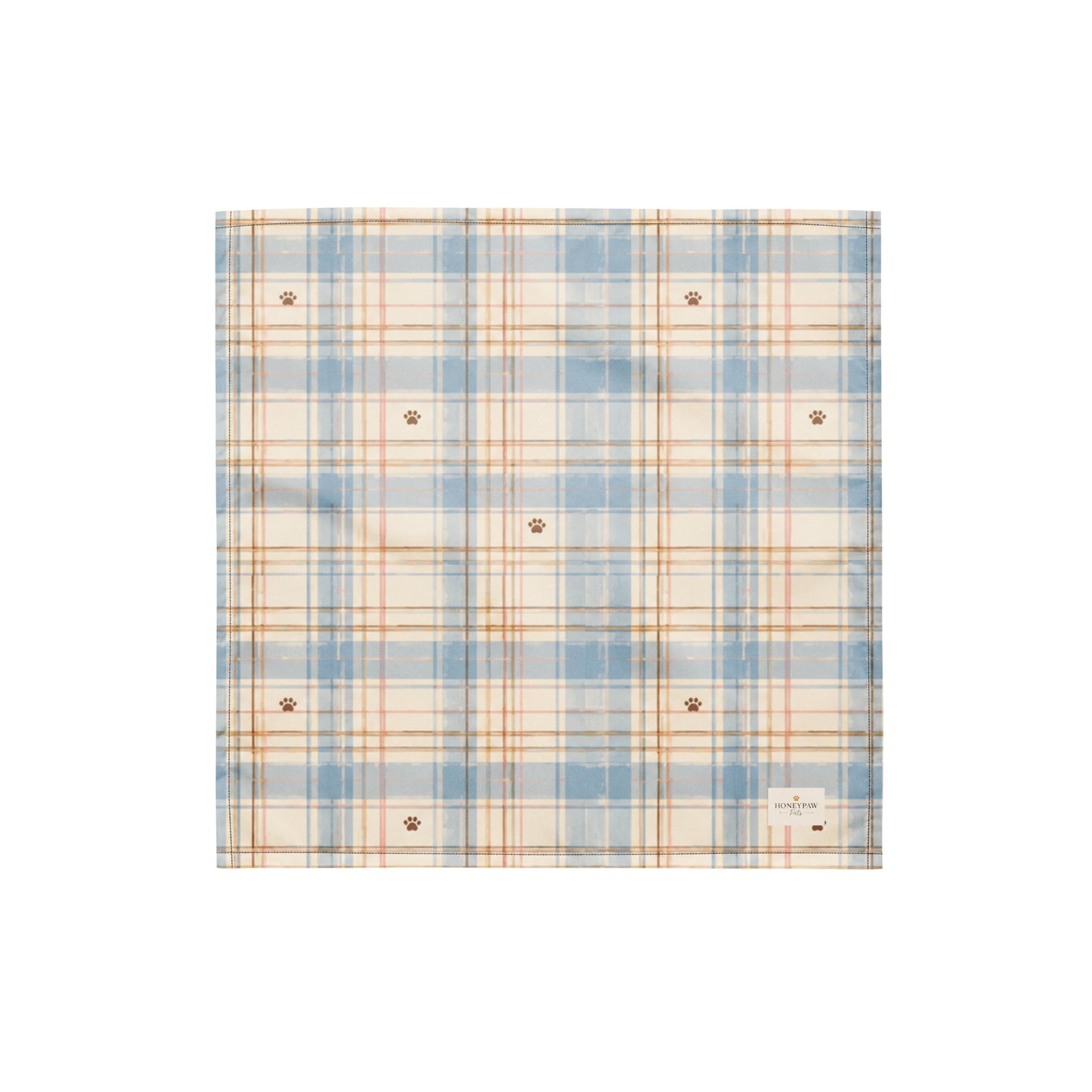 Coastal Picnic dog bandana featuring a light blue and cream plaid pattern with paw prints by HoneyPaw Pets.