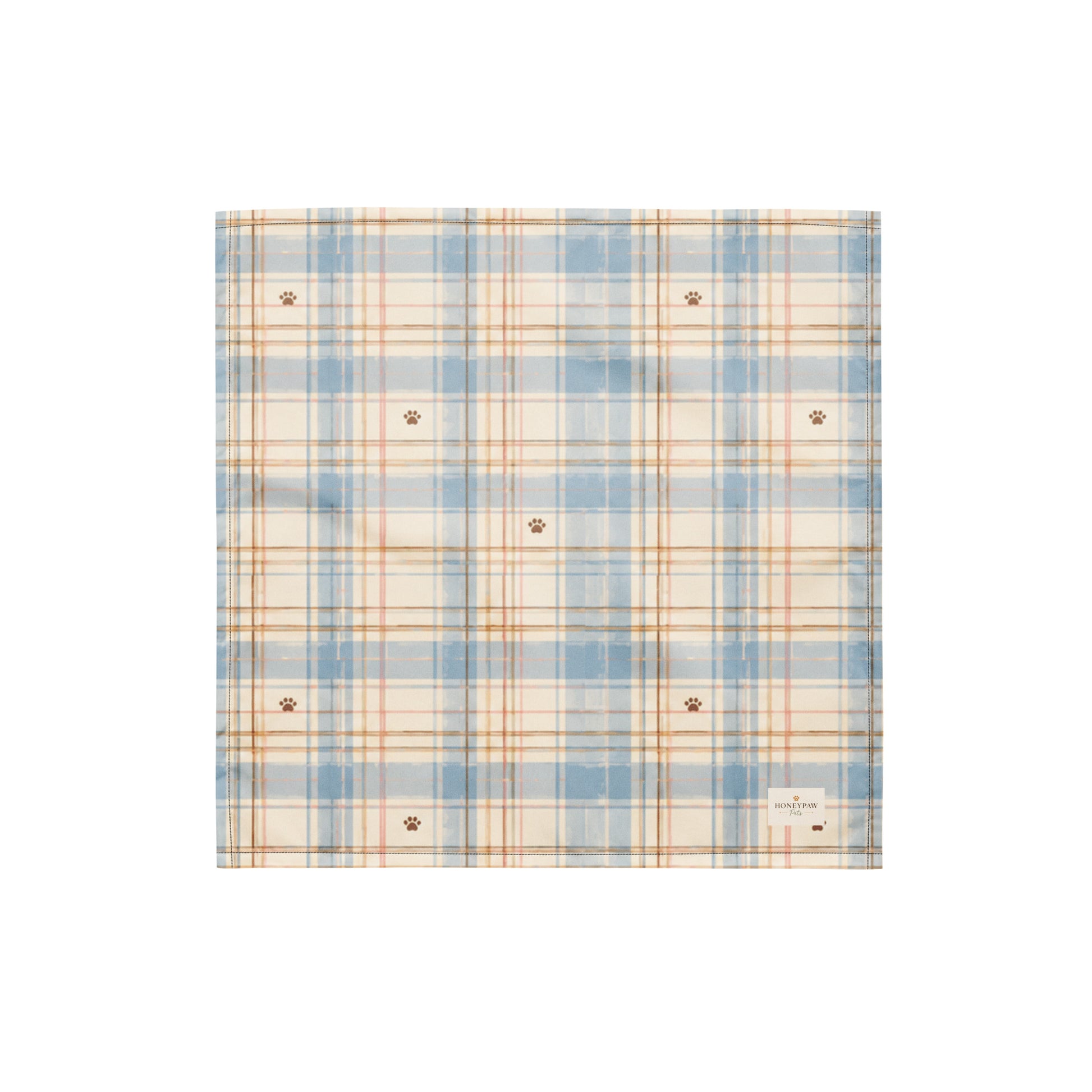 Coastal Picnic dog bandana featuring a light blue and cream plaid pattern with paw prints by HoneyPaw Pets.