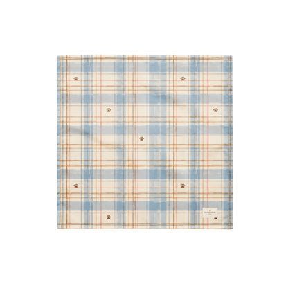 Coastal Picnic dog bandana featuring a light blue and cream plaid pattern with paw prints by HoneyPaw Pets.