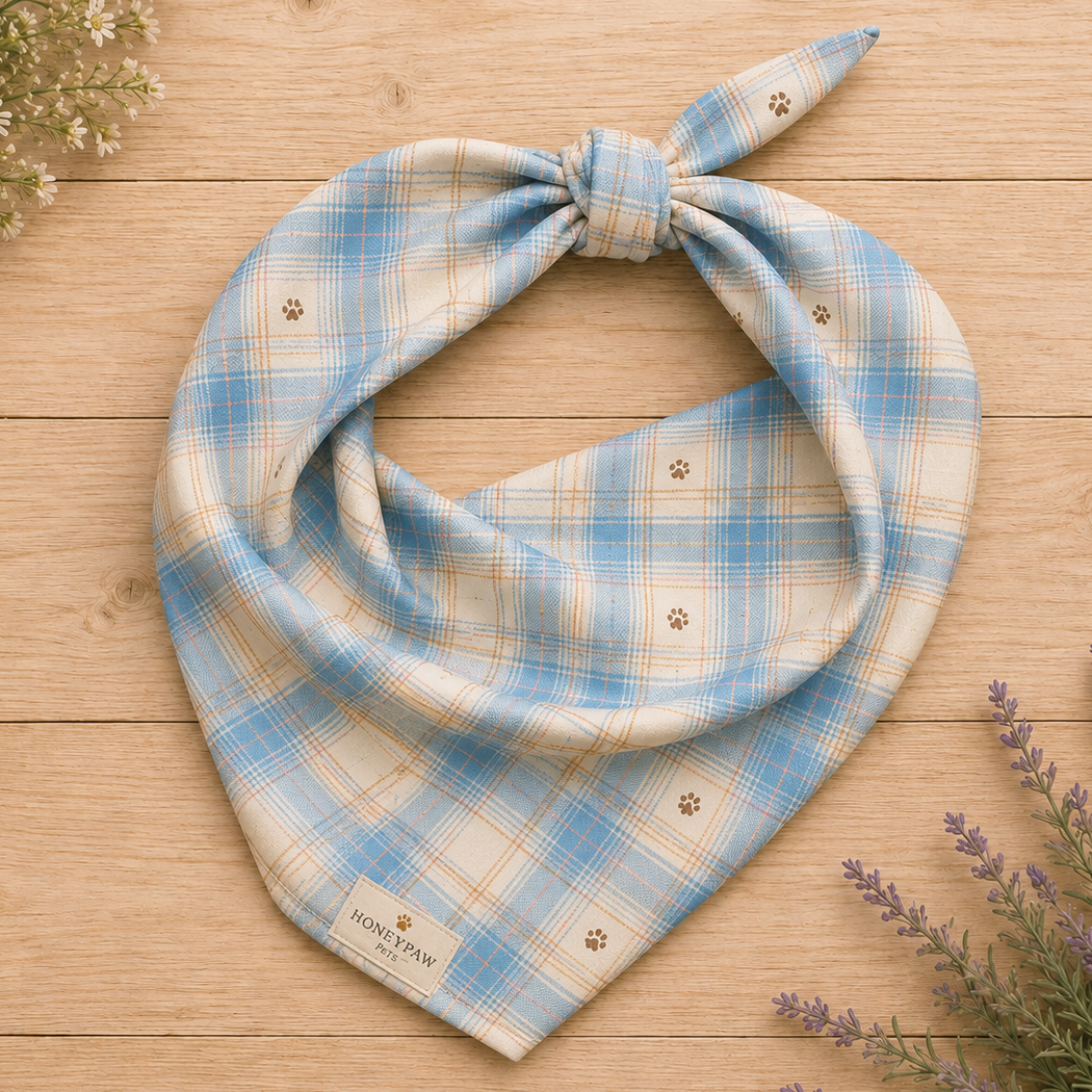 Coastal Picnic dog bandana featuring a light blue and cream plaid pattern with paw prints by HoneyPaw Pets.
