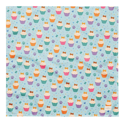 Cookie on Top birthday dog bandana featuring colorful cupcakes, hearts and paw prints on a light blue background by HoneyPaw Pets