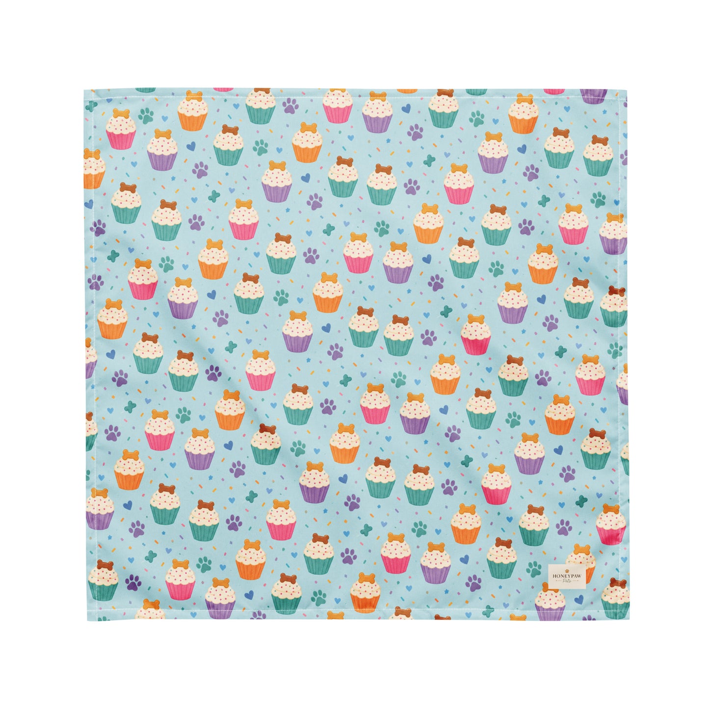 Cookie on Top birthday dog bandana featuring colorful cupcakes, hearts and paw prints on a light blue background by HoneyPaw Pets