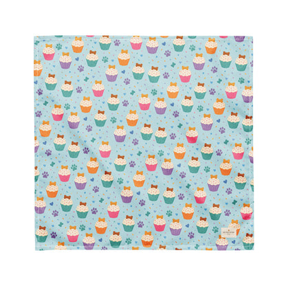 Cookie on Top birthday dog bandana featuring colorful cupcakes, hearts and paw prints on a light blue background by HoneyPaw Pets
