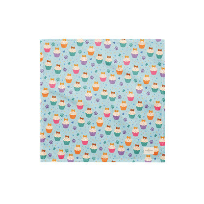 Cookie on Top birthday dog bandana featuring colorful cupcakes, hearts and paw prints on a light blue background by HoneyPaw Pets
