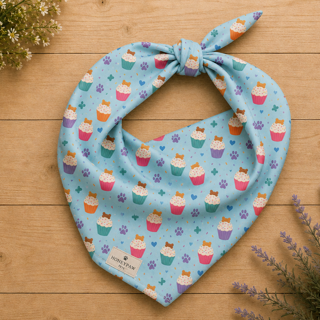 Cookie on Top birthday dog bandana featuring colorful cupcakes, hearts and paw prints on a light blue background by HoneyPaw Pets