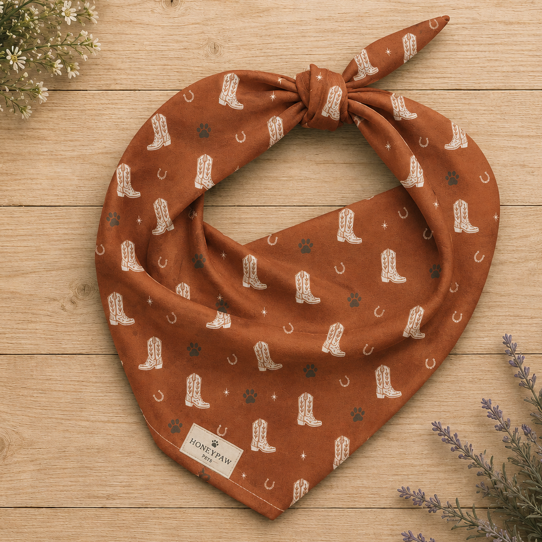 Cowboy Rover western dog bandana featuring western cowboy boots, horseshoes, and paw prints on a burnt orange background by HoneyPaw Pets.