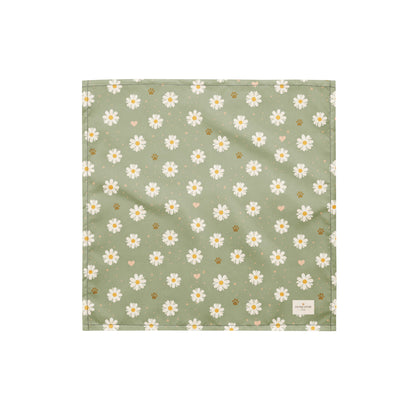 Daisy Dream dog bandana featuring white daisy flowers, golden paw prints, and tiny hearts on a soft sage green background by HoneyPaw Pets.