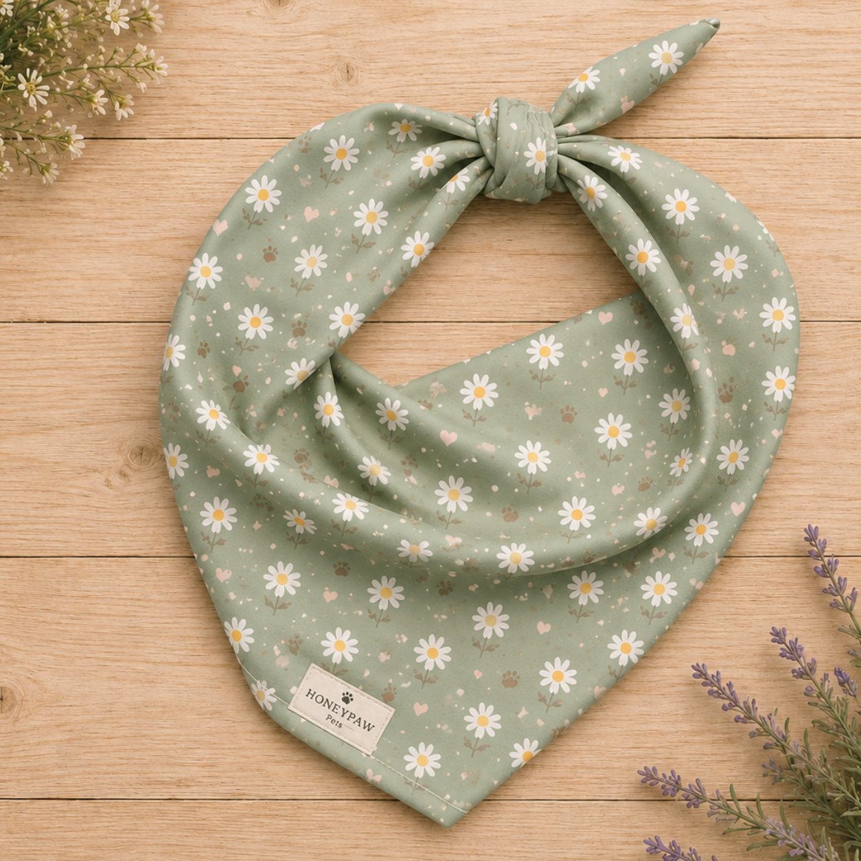 Daisy Dream dog bandana featuring white daisy flowers, golden paw prints, and tiny hearts on a soft sage green background by HoneyPaw Pets.
