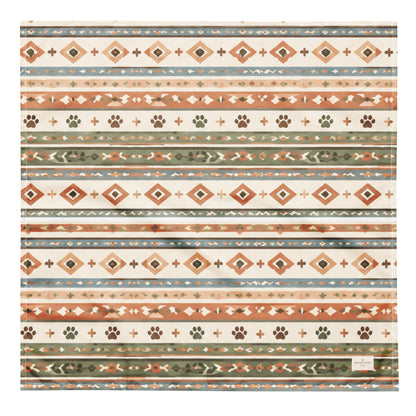 Desert Tracks Display dog bandana featuring a southwestern geometric pattern with paw prints in sage green, terracotta, and cream by HoneyPaw Pets.
