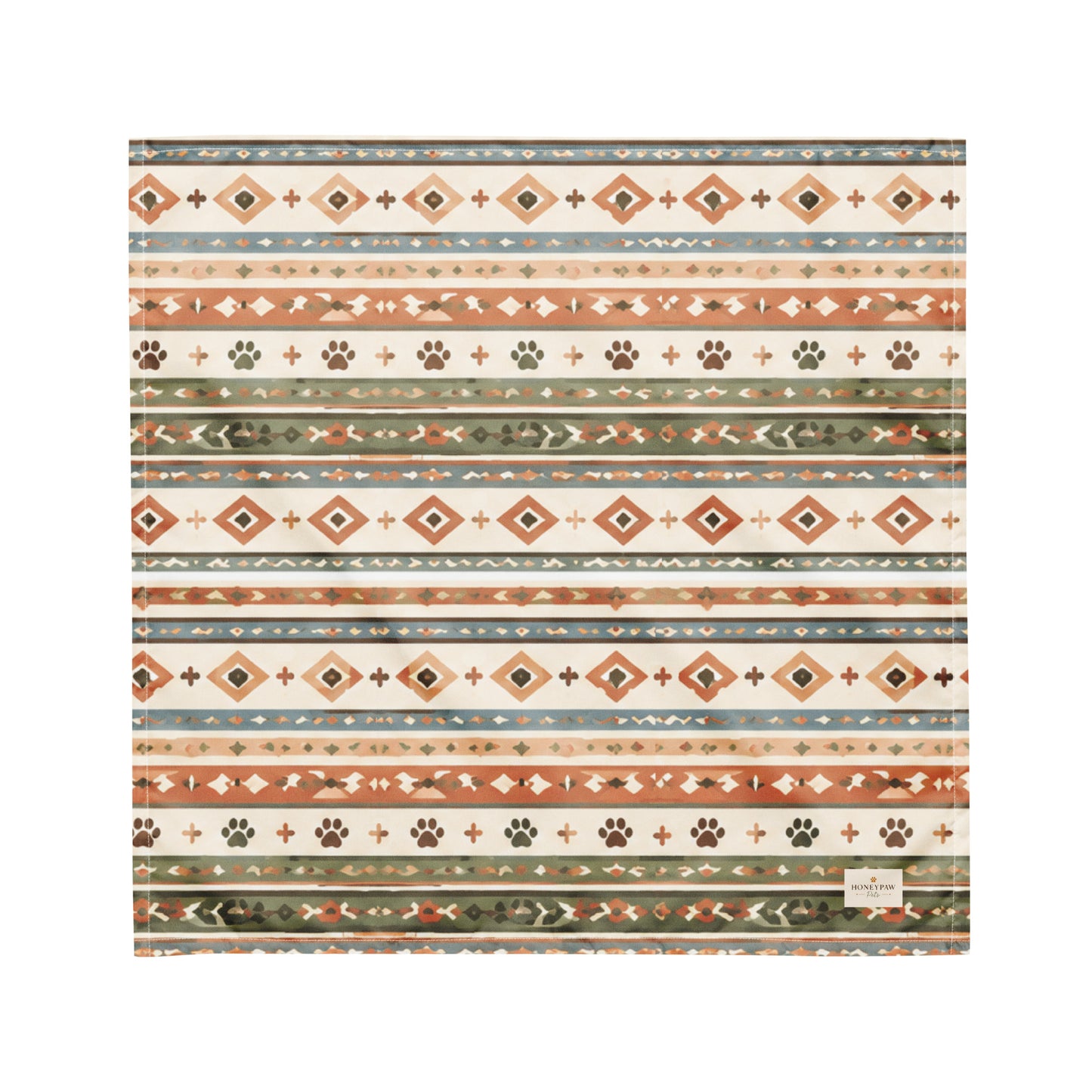 Desert Tracks Display dog bandana featuring a southwestern geometric pattern with paw prints in sage green, terracotta, and cream by HoneyPaw Pets.