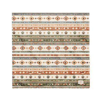 Desert Tracks Display dog bandana featuring a southwestern geometric pattern with paw prints in sage green, terracotta, and cream by HoneyPaw Pets.