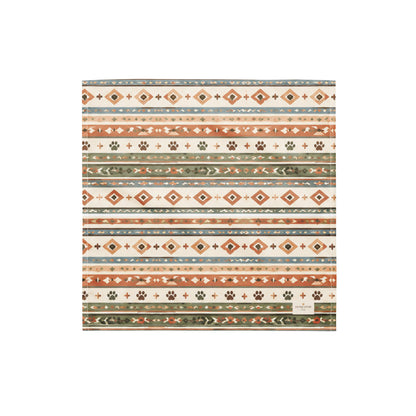 Desert Tracks Display dog bandana featuring a southwestern geometric pattern with paw prints in sage green, terracotta, and cream by HoneyPaw Pets.