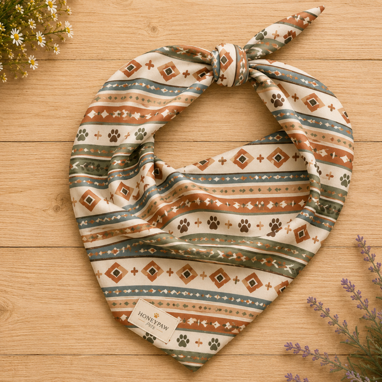 Desert Tracks Display dog bandana featuring a southwestern geometric pattern with paw prints in sage green, terracotta, and cream by HoneyPaw Pets.