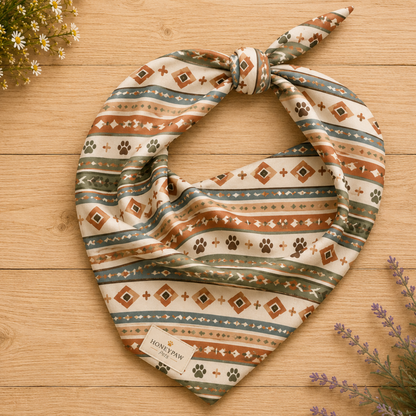 Desert Tracks Display dog bandana featuring a southwestern geometric pattern with paw prints in sage green, terracotta, and cream by HoneyPaw Pets.