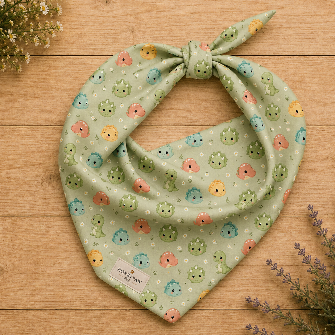 Dino Days dog bandana featuring colorful dinosaur faces and paw prints on a sage green background by HoneyPaw Pets