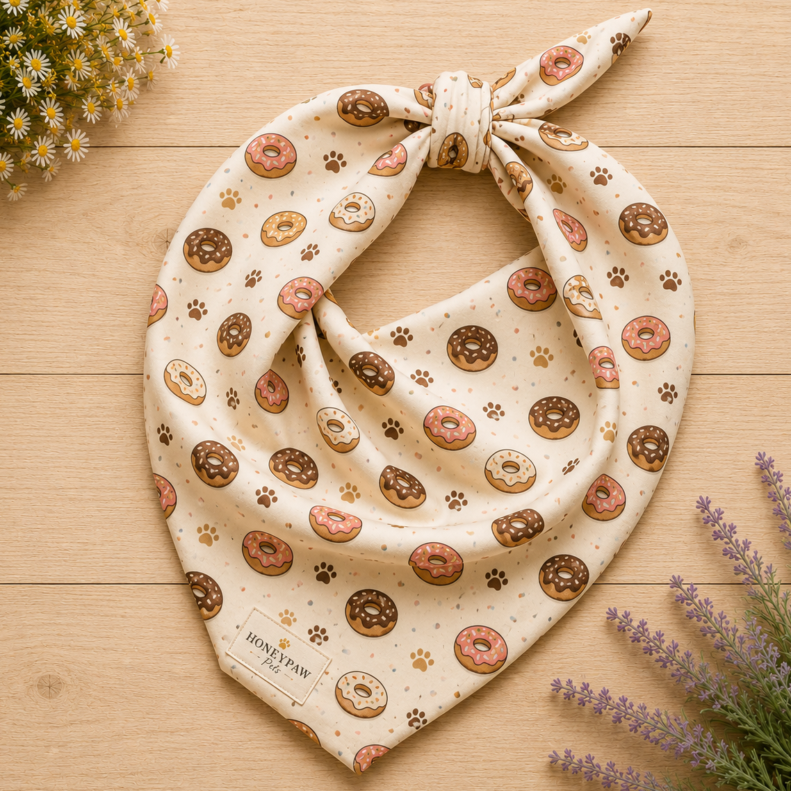 Donut Daydream dog bandana featuring pink and chocolate frosted donuts with paw prints on a cream background by HoneyPaw Pets.