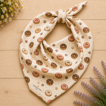 Donut Daydream dog bandana featuring pink and chocolate frosted donuts with paw prints on a cream background by HoneyPaw Pets.