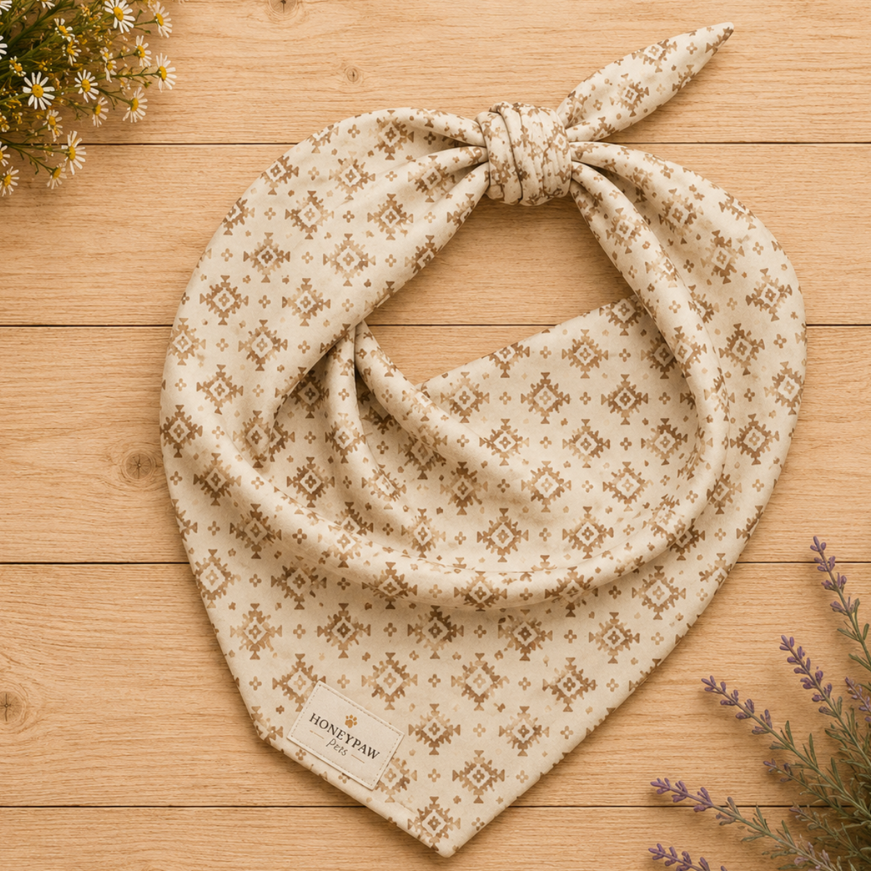 Dusty Paws dog bandana featuring a cream background with a western-inspired geometric pattern in warm tan tones by HoneyPaw Pets.