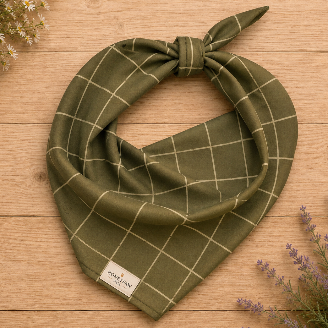 Forest Walk dog bandana featuring a dark olive green windowpane plaid pattern by HoneyPaw Pets.