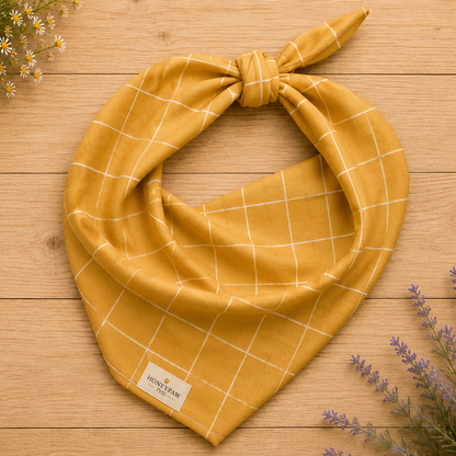 Golden Hour dog bandana featuring a mustard yellow windowpane plaid pattern by HoneyPaw Pets.