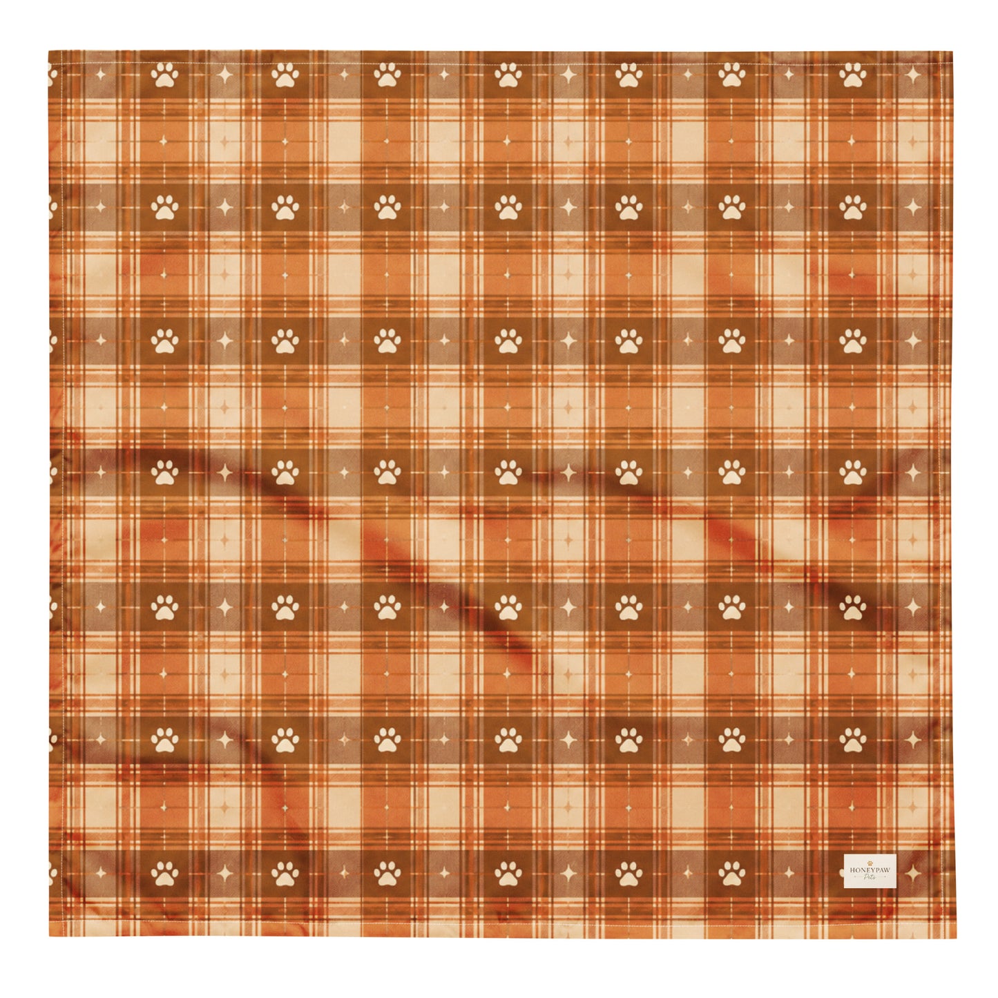 Harvest Hound dog bandana featuring a rust brown plaid pattern with paw prints on a warm autumn-inspired background by HoneyPaw Pets