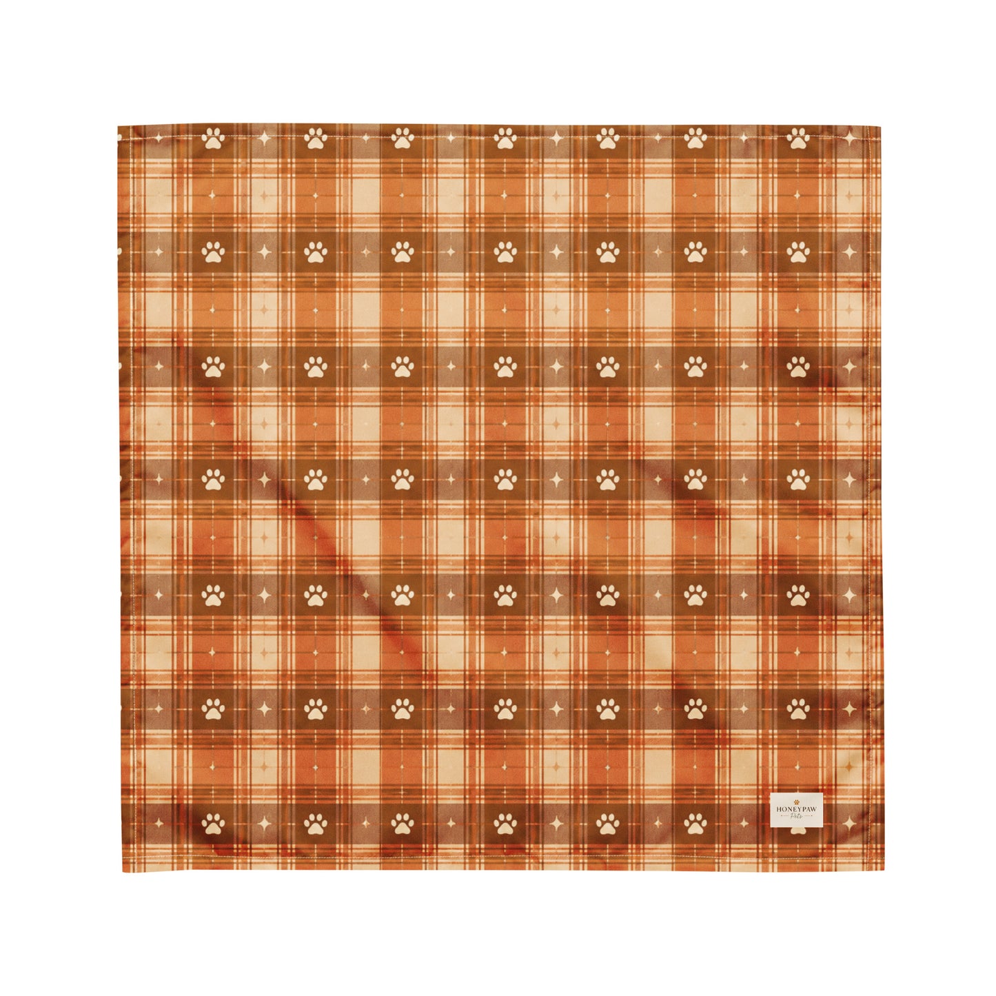 Harvest Hound dog bandana featuring a rust brown plaid pattern with paw prints on a warm autumn-inspired background by HoneyPaw Pets