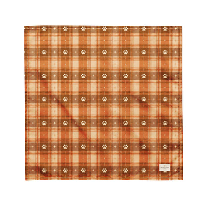 Harvest Hound dog bandana featuring a rust brown plaid pattern with paw prints on a warm autumn-inspired background by HoneyPaw Pets