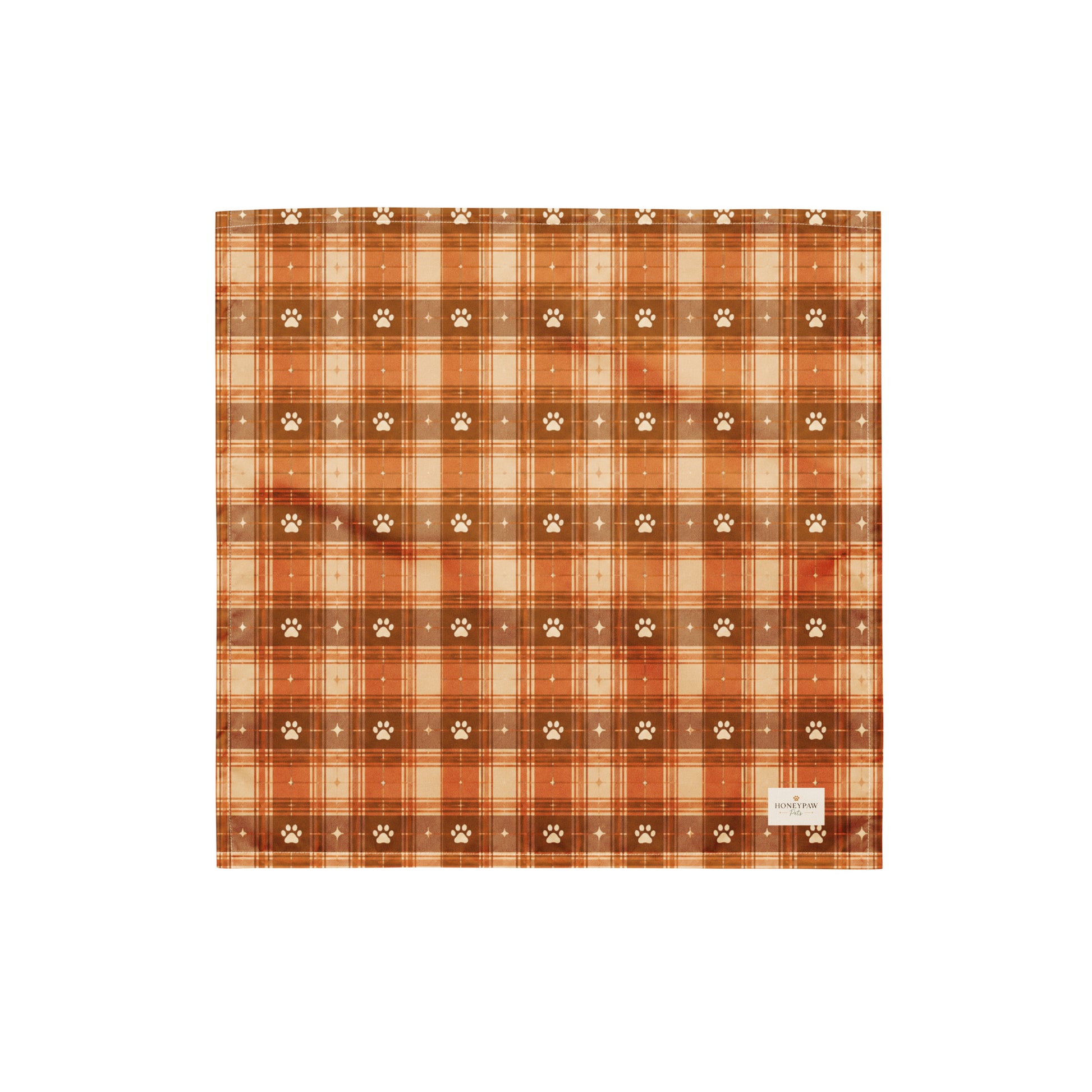 Harvest Hound dog bandana featuring a rust brown plaid pattern with paw prints on a warm autumn-inspired background by HoneyPaw Pets