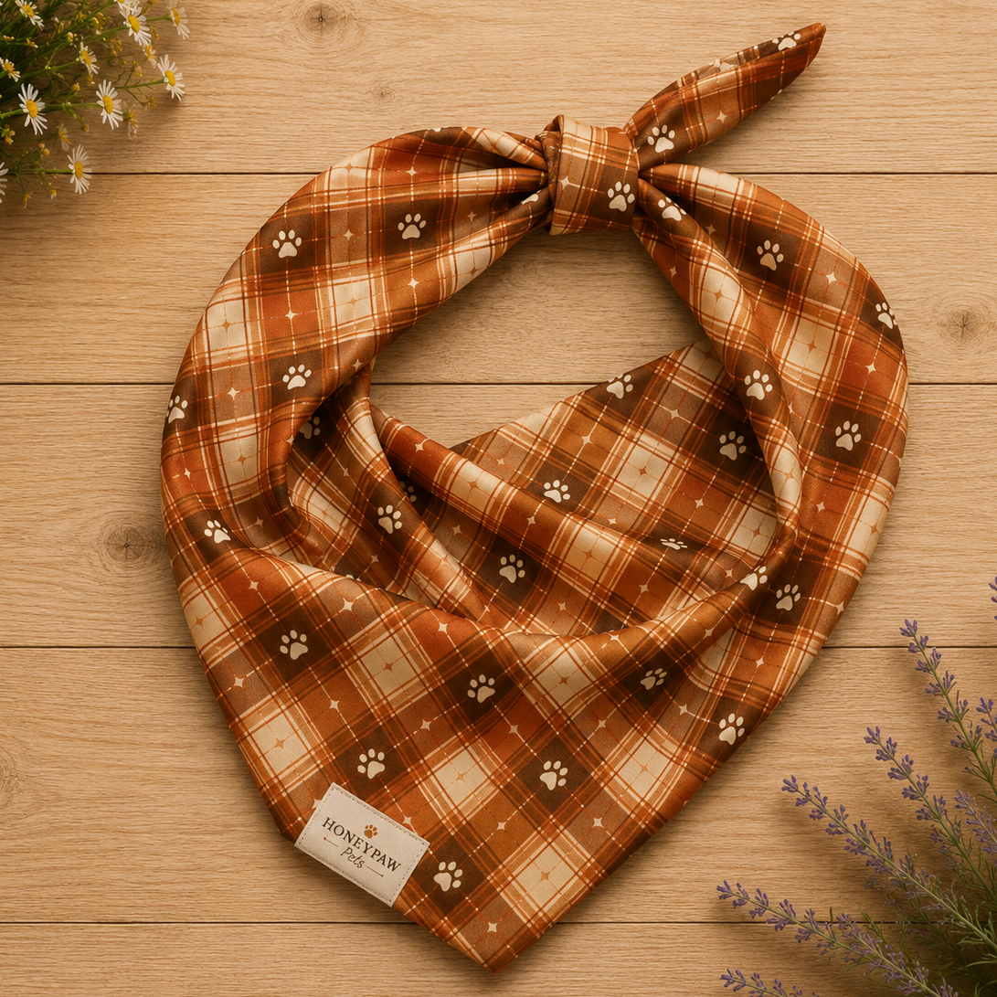Harvest Hound dog bandana featuring a rust brown plaid pattern with paw prints on a warm autumn-inspired background by HoneyPaw Pets