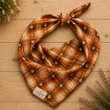 Harvest Hound dog bandana featuring a rust brown plaid pattern with paw prints on a warm autumn-inspired background by HoneyPaw Pets
