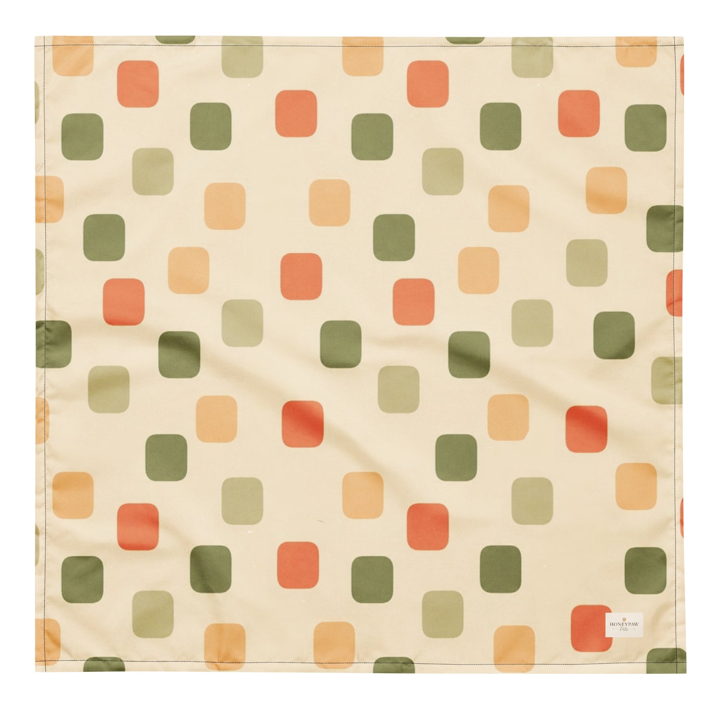 Harvest Tiles dog bandana featuring a cream geometric pattern in sage green, terracotta, and golden yellow by HoneyPaw Pets.