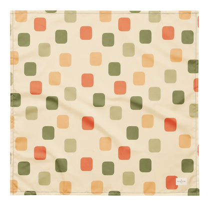 Harvest Tiles dog bandana featuring a cream geometric pattern in sage green, terracotta, and golden yellow by HoneyPaw Pets.