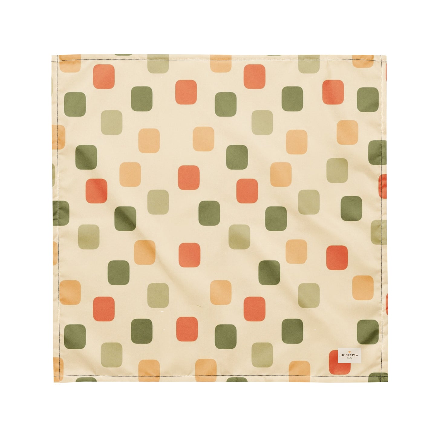 Harvest Tiles dog bandana featuring a cream geometric pattern in sage green, terracotta, and golden yellow by HoneyPaw Pets.
