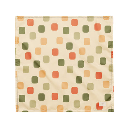 Harvest Tiles dog bandana featuring a cream geometric pattern in sage green, terracotta, and golden yellow by HoneyPaw Pets.