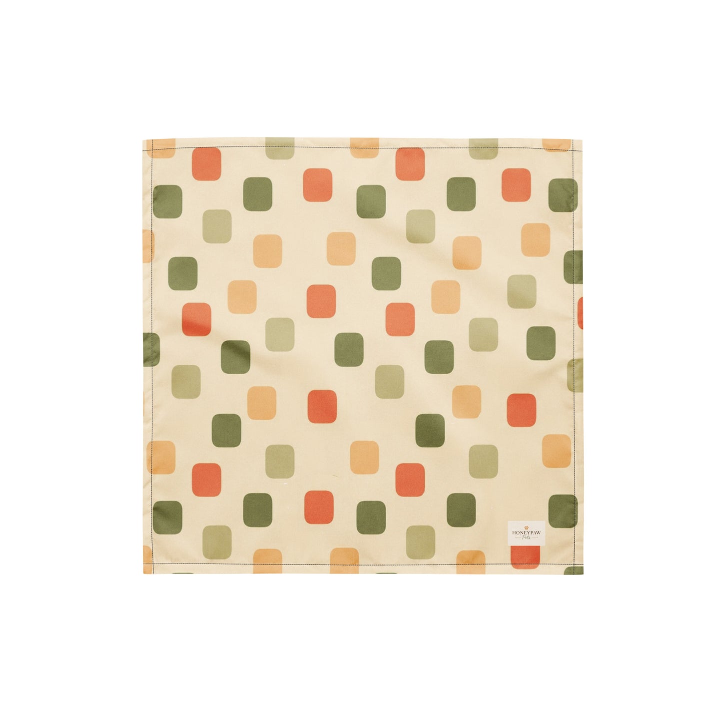 Harvest Tiles dog bandana featuring a cream geometric pattern in sage green, terracotta, and golden yellow by HoneyPaw Pets.